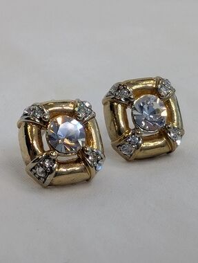 Vintage Gold Crystal Stud Earrings - Costume Estate Jewelry